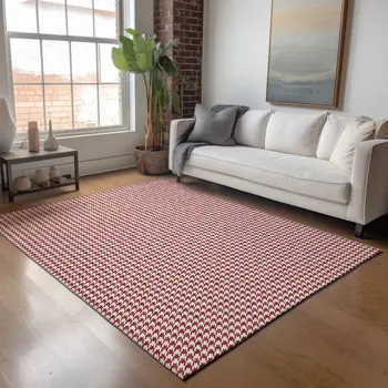 10' X 14' Red And White Houndstooth Washable Area Rug With UV Protection