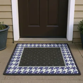 3' X 5' Navy Blue And White Houndstooth Washable Area Rug With UV Protection
