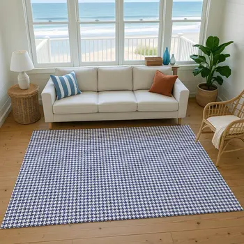 5' X 8' Navy Blue And White Houndstooth Washable Area Rug With UV Protection