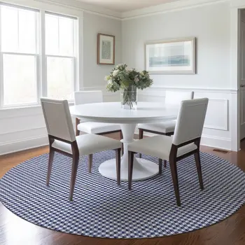 8' Navy Blue And White Houndstooth Washable Round Rug With UV Protection