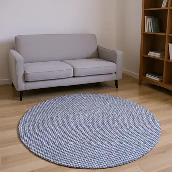 8' Navy Blue And White Houndstooth Washable Round Rug With UV Protection