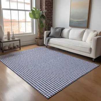 8' X 10' Navy Blue And White Houndstooth Washable Area Rug With UV Protection