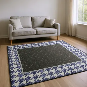 8' X 10' Navy Blue And White Houndstooth Washable Area Rug With UV Protection