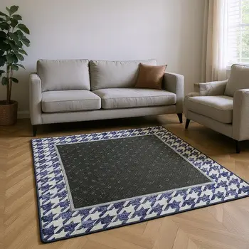 9' X 12' Navy Blue And White Houndstooth Washable Area Rug With UV Protection