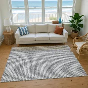 3' X 5' Gray And Ivory Houndstooth Washable Area Rug With UV Protection
