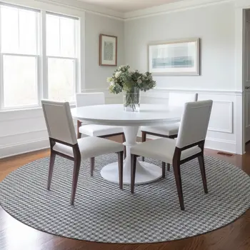 8' Gray And Ivory Houndstooth Washable Round Rug With UV Protection