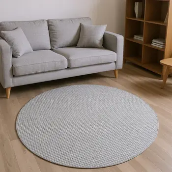 8' Gray And Ivory Houndstooth Washable Round Rug With UV Protection