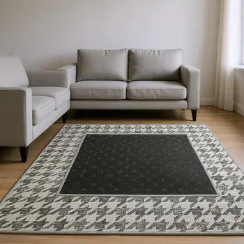 8' X 10' Gray And Ivory Houndstooth Washable Area Rug With UV Protection