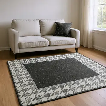 10' X 14' Gray And Ivory Houndstooth Washable Area Rug With UV Protection