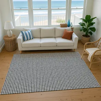 3' X 5' Black And White Houndstooth Washable Area Rug With UV Protection