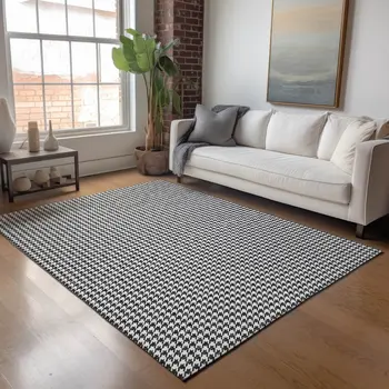 3' X 5' Black And White Houndstooth Washable Area Rug With UV Protection