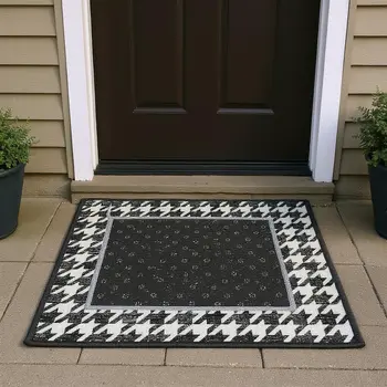 3' X 5' Black And White Houndstooth Washable Area Rug With UV Protection