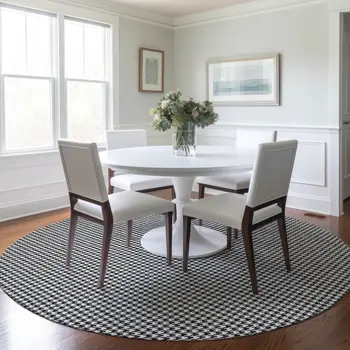 8' Black And White Houndstooth Washable Round Rug With UV Protection