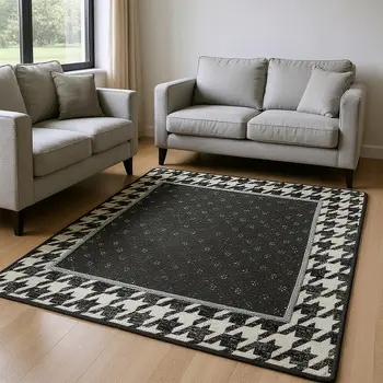 8' X 10' Black And White Houndstooth Washable Area Rug With UV Protection