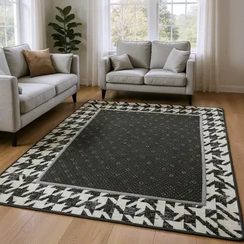 10' X 14' Black And White Houndstooth Washable Area Rug With UV Protection
