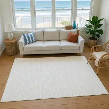 8' X 10' Linen And Ivory Striped Washable Area Rug With UV Protection