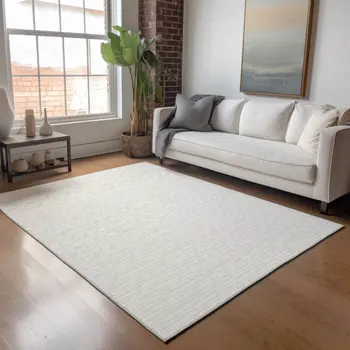 8' X 10' Linen And Ivory Striped Washable Area Rug With UV Protection