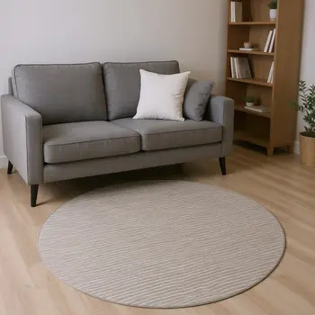 8' Taupe And Ivory Striped Washable Round Rug With UV Protection