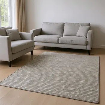 8' X 10' Taupe And Ivory Striped Washable Area Rug With UV Protection