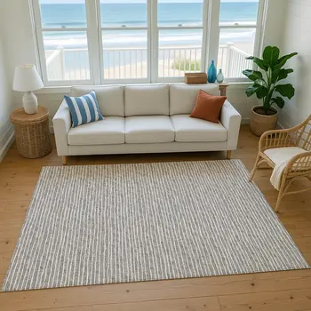 10' X 14' Taupe And Ivory Striped Washable Area Rug With UV Protection