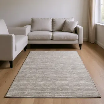 10' X 14' Taupe And Ivory Striped Washable Area Rug With UV Protection