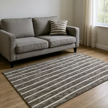 5' X 8' Chocolate And Ivory Striped Washable Area Rug With UV Protection