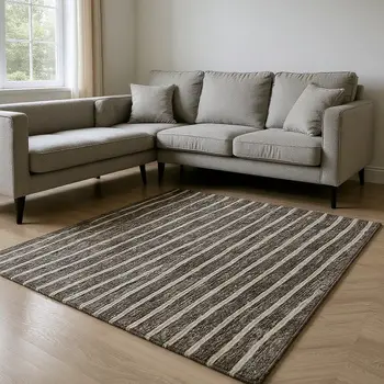 8' X 10' Chocolate And Ivory Striped Washable Area Rug With UV Protection