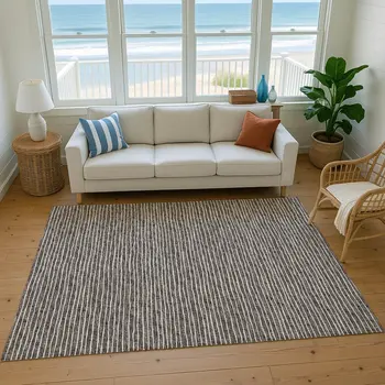 9' X 12' Chocolate And Ivory Striped Washable Area Rug With UV Protection