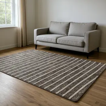 9' X 12' Chocolate And Ivory Striped Washable Area Rug With UV Protection