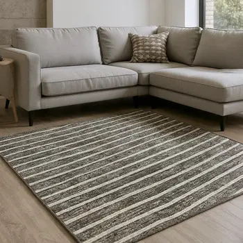 10' X 14' Chocolate And Ivory Striped Washable Area Rug With UV Protection