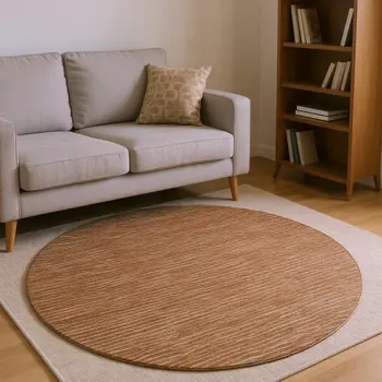 8' Rust And Ivory Striped Washable Round Rug With UV Protection