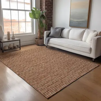 8' X 10' Rust And Ivory Striped Washable Area Rug With UV Protection