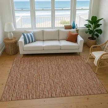 9' X 12' Rust And Ivory Striped Washable Area Rug With UV Protection