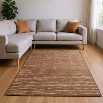 10' X 14' Rust And Ivory Striped Washable Area Rug With UV Protection