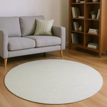 8' Light Gray And Ivory Striped Washable Round Rug With UV Protection