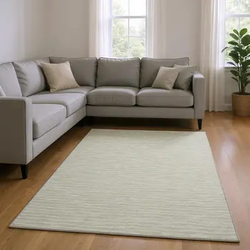 10' X 14' Light Gray And Ivory Striped Washable Area Rug With UV Protection