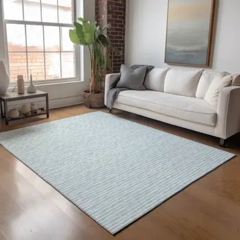 5' X 8' Sky Blue And Ivory Striped Washable Area Rug With UV Protection