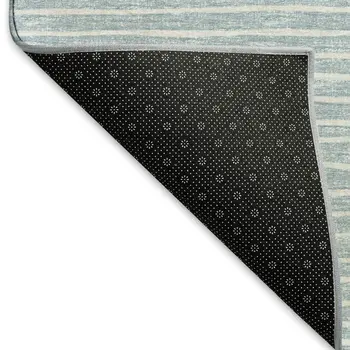 8' Sky Blue And Ivory Striped Washable Round Rug With UV Protection