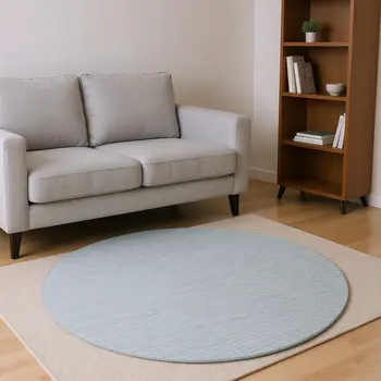 8' Sky Blue And Ivory Striped Washable Round Rug With UV Protection