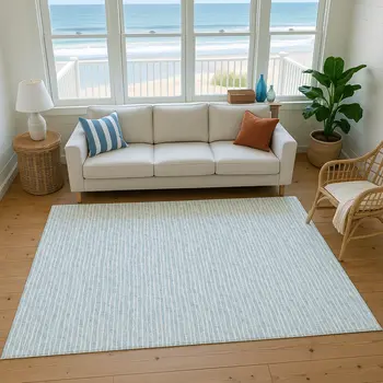 8' X 10' Sky Blue And Ivory Striped Washable Area Rug With UV Protection