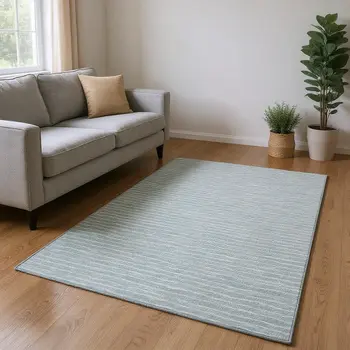 8' X 10' Sky Blue And Ivory Striped Washable Area Rug With UV Protection