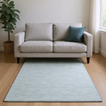 10' X 14' Sky Blue And Ivory Striped Washable Area Rug With UV Protection