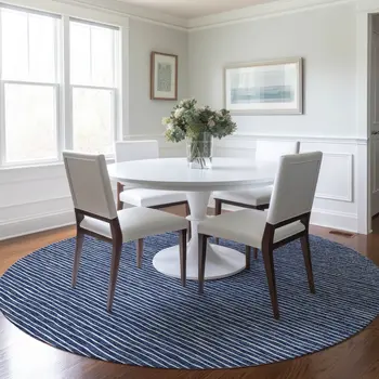 8' Navy Blue And Ivory Striped Washable Round Rug With UV Protection