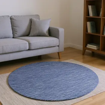 8' Navy Blue And Ivory Striped Washable Round Rug With UV Protection