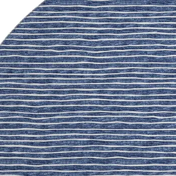 8' Navy Blue And Ivory Striped Washable Round Rug With UV Protection