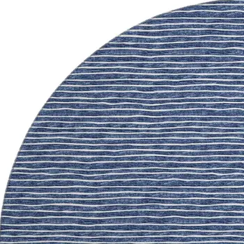 8' Navy Blue And Ivory Striped Washable Round Rug With UV Protection