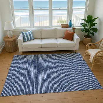 8' X 10' Navy Blue And Ivory Striped Washable Area Rug With UV Protection