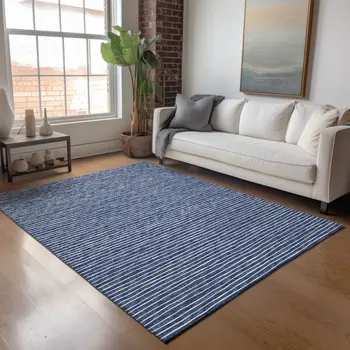 8' X 10' Navy Blue And Ivory Striped Washable Area Rug With UV Protection