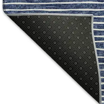 8' X 10' Navy Blue And Ivory Striped Washable Area Rug With UV Protection