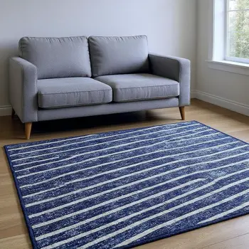 8' X 10' Navy Blue And Ivory Striped Washable Area Rug With UV Protection